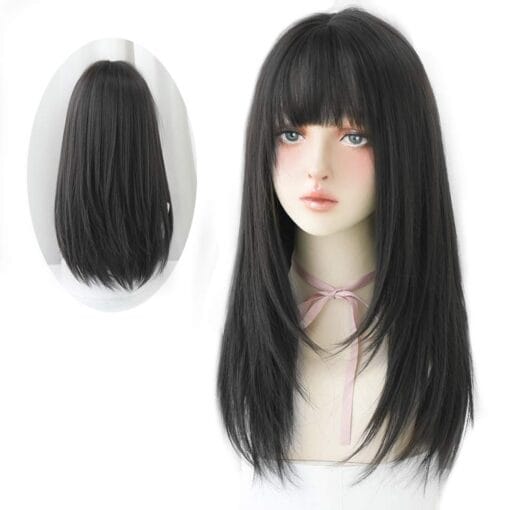 Huaisu Long Black Straight Hair Wig With Bangs Synthetic High Density Long Hair Wig For Women Women MI1611802