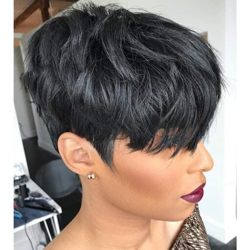 Human Hair Short Wigs Pixie Cut Wigs With Bangs Short Black Layered Wavy Wigs For Women Women 1B Color MI1602526