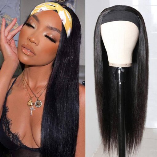 Human Hair Wigs Headband Wig Glueless Non Lace Front Wigs Density Brizilian Virgin Hair Straight Scarf Machine Made Wig For Women Black Women (14 Inch) MI1604244