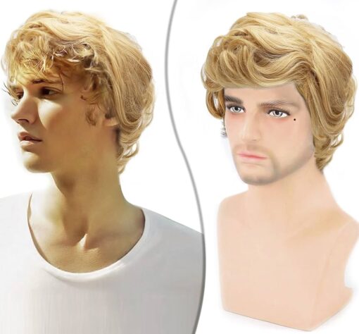 Iebiyo Blonde Men Wig Short Blonde Male Wig Fluffy Wavy Blonde Wig For Women Men Boys Natural Synthetic Male Blonde Halloween Costume Wig (Blonde) MI1610709