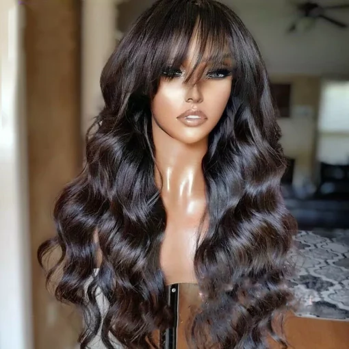 Indian Human Hair Wig With Bangs Body Wave Hairline Baby MI1604789