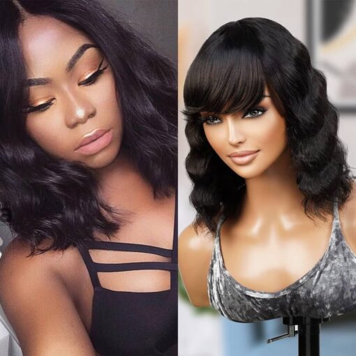 Instant Fab 10 Inch Deep Wave Human Hair Bob Wigs With Hair Bangs For Women Black Women Deep Wavy Wig With Bangs Human Hair Non Lace Front Wigs Garnet (10 MI1604252