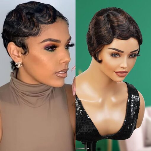 Instant Fab Finger Wave Human Hair Wigs For Women Black Women Short Mommy Wig Curly Remi Human Hair Wig Pixie Cut Wigs Nuna Wigs Non Lace Front Wigs MI1604865