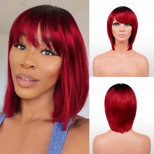 Instant Fab Medium Bob Human Hair Wig With China Bangs For Women Black Women Layered Straight Bob With Bangs Human Hair Non Lace Front Wigs Onyx (12 Inch, MI1604255