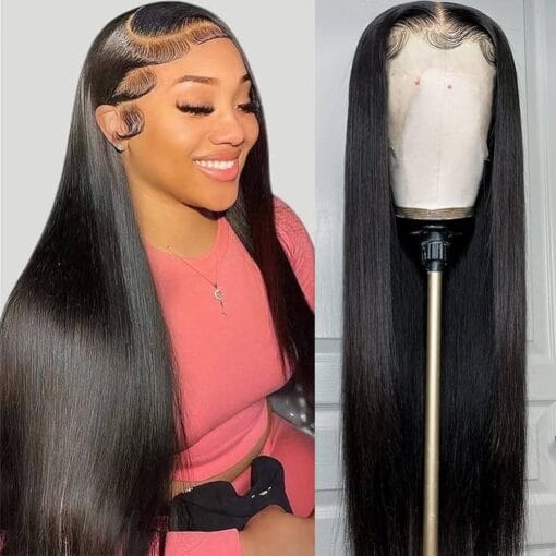 Iris Queen 13X4 Hd Straight Lace Front Wigs Human Hair Pre Plucked 12A 180 Density Transparent Lace Frontal Human Hair Wigs For Women Black Women With Baby MI1608981