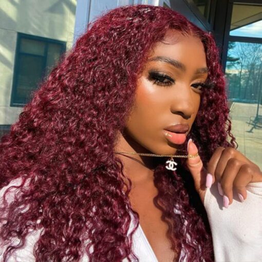 Isee 99J Transparent Lace Front Wigs Human Hair Pre Plucked 180% Density Brazilian 13X4 Burgundy Kinky Curly Lace Front Wig With Baby Hair Human Hair MI1610506