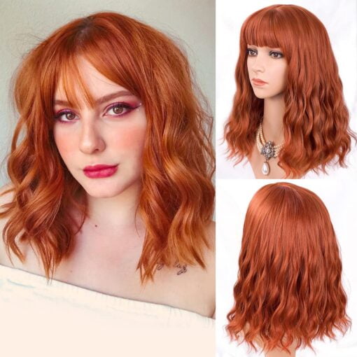 Ittayler Orange Red Wigs For Women Women Short Wavy Bob Wig With Bangs Curly Ginger Wig Shoulder Length Copper Red Hair 14 Inch Colored Synthetic Wig For Women MI1610631