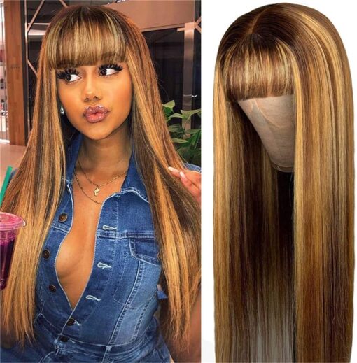 Kadoyee Straight Highlight Non Lace Front Wigs With Bangs, Brazilian Virgin Hair Full Machine Made Ombre Human Hair Wigs For Women Black Women 150% Density MI1604237