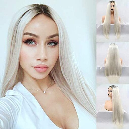 Karissa Hair Platinum Blonde Lace Front Wigs For Women Women Blonde Long Synthetic Wigs With Dark Roots Ombre Blonde Long Straight Wigs Glueless Heat MI1611424