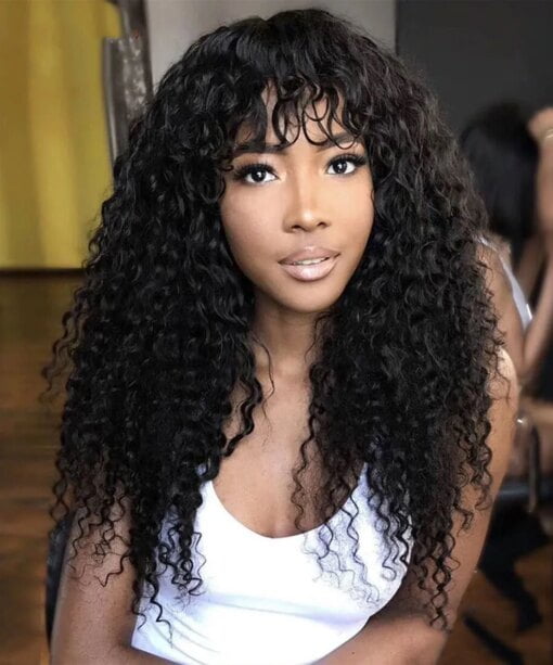 Kinky Curly Non Lace Front Wig Full Machine Made 100% Human Hair Wigs With Bangs For Women Black Women Brazilian Pervian Indain Deep Wave Glueless 150% MI1604234