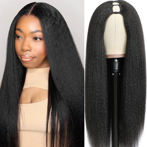 Kinky Straight U Part Wig 10 30 Inch V Part Yaki Straight Synthetic Hair Wig For Women Women Daily Use Glueless Full Machine Made Wigs MI1605153