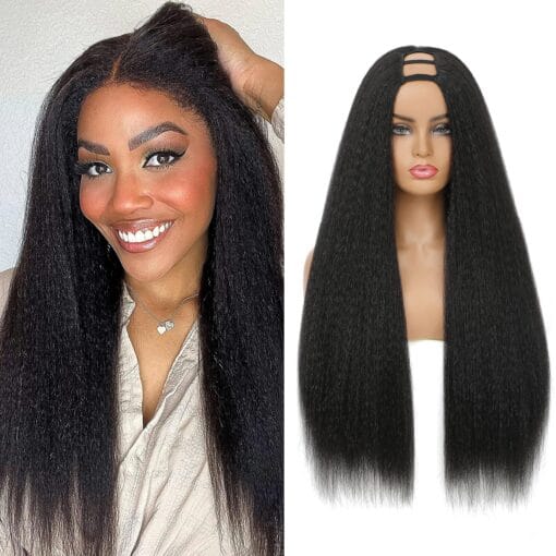 Kinky Straight U Part Wig Black Yaki Straight Synthetic U Part Wig Clip In Half Wigs For Women Black Women 26 Inch U Shape Glueless Wigs No Leave Out MI1607665