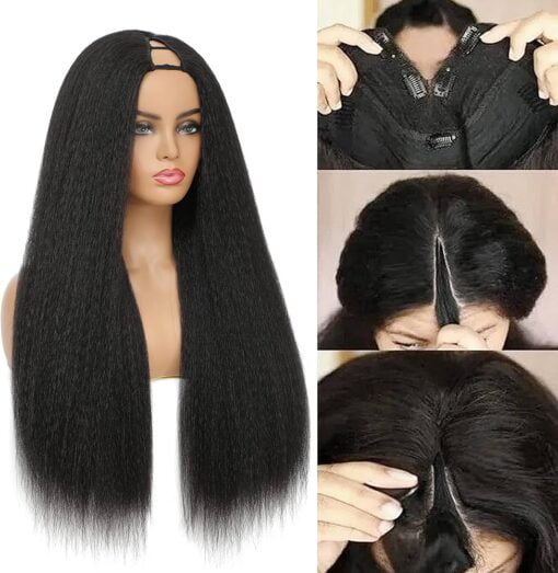 Kinky Straight V Part Wig 26 Inch Yaki Straight No Leave Out Upgrade U Part Wig No Sew In Clip In Half Wig Middle V Shape Synthetic Wigs For Women Black MI1603388