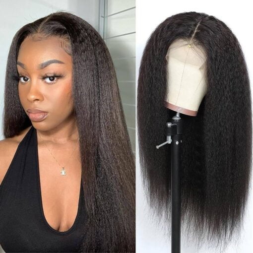 Kinky Straight Wig Human Hair 16 Inch Glueless Kinky Straight 13X4 Lace Front Wig Pre Plucked Hairline With Baby Hair,180% Density Yaki Straight Wigs MI1603124