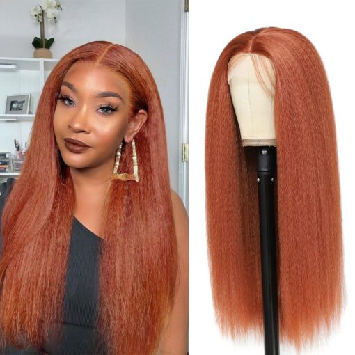 Kinky Straight Wig Lace Front Wigs Brown Copper Red Yaki Straight Wig Glueless Lace Wigs For Women Women Synthetic Long Silk Straight Wig Heat Resistant MI1605127