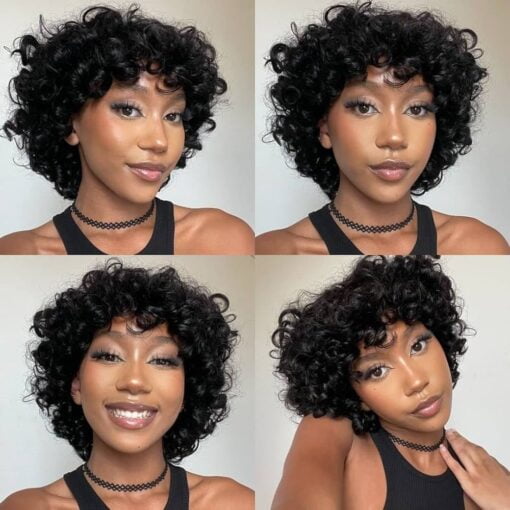 Kiqibeauty Short Bob Curly Wig With Bangs Human Hair Pixie Cut Wig Bouncy Curlys Wear And Go Glueless Wigs For Women Black Women Brazilian Hair No Lace MI1602540