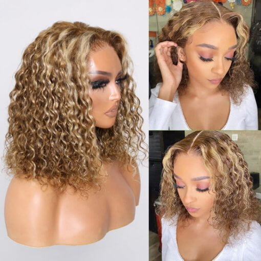 Klaiyi Honey Blonde Highlights Water Wave Bob Wig 6X4.75 Pre MI1605997