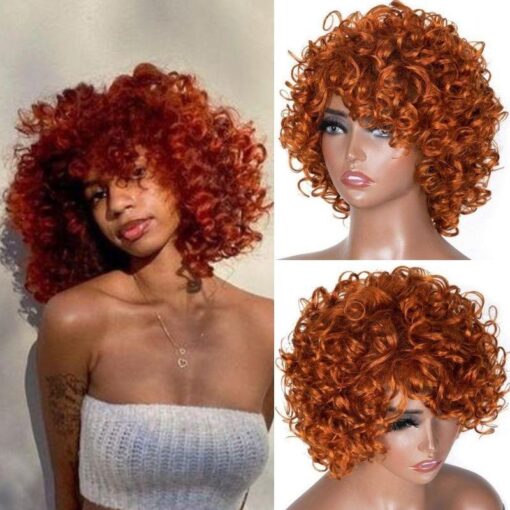 Klaiyi Short Human Hair Wig Bouncy Curl Orange Ginger Color MI1610622