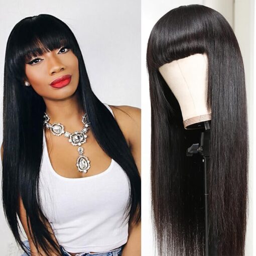 Kriyya Neat Bangs Natural Black Straight Human Hair Wigs MI1604546