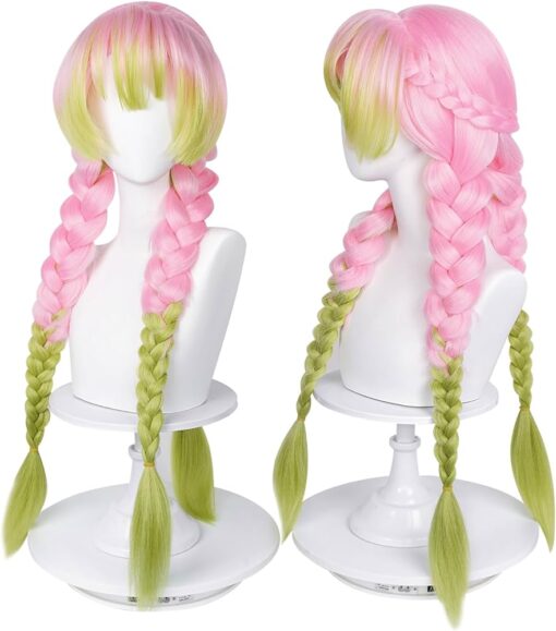 Labeauté Max Beauty Anime Pink And Green Wig For Women Mitsuri Cosplay Braided Hair Wig With Pigtails Halloween Party Wig + Cap MI1610557