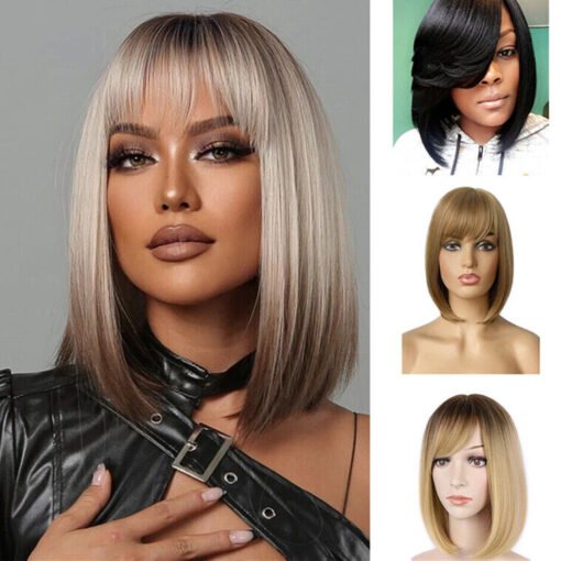 Ladies Short Bob Brown Blonde Mix Ombre Straight Hair Wigs MI1606290