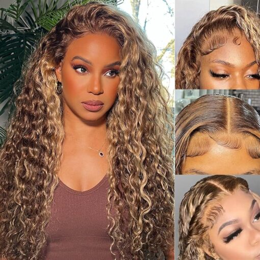 Ladoux Ombre Honey Blonde 13X6 Hd Transparent Water Wave Lace Front Human Hair Wigs For Women Women 180% Density 4/27 Colored Highlight Curly Glueless Wigs MI1606120