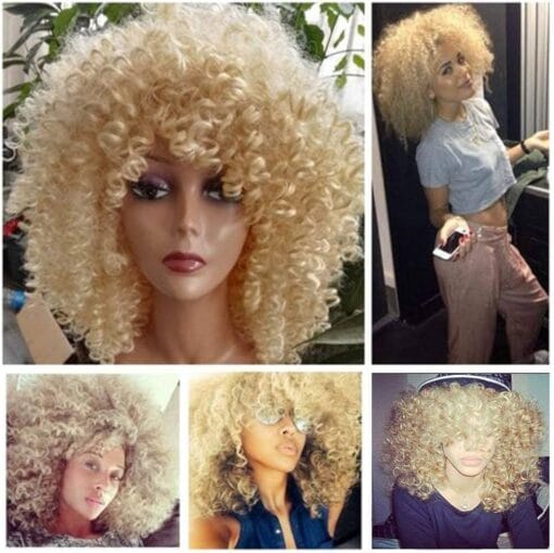 Lady Miranda Blonde Curly Wig Afro Kinky Curly Wigs With Bangs Medium Length Kinkys Curly Wig Heat Resistant Synthetic Hair Curly Blonde Wigs For Women MI1606455