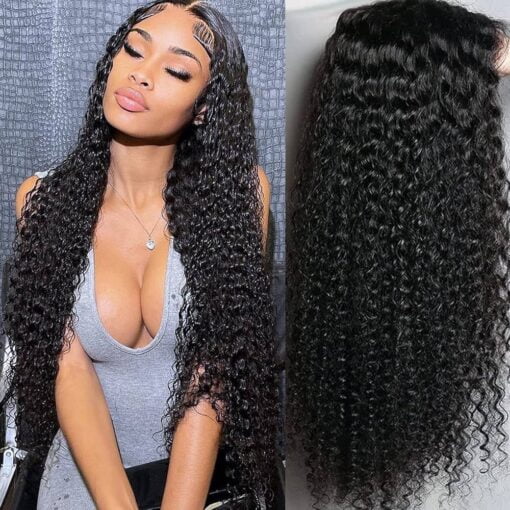 Lanheuni 13X4 Curly Lace Front Wigs Human Hair 180% Density Kinky Curly Lace Front Wig Pre Plucked With Baby Hair Curly Human Hair Wigs For Women Black MI1602226