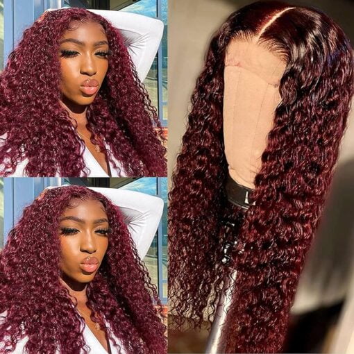 Larhali 99J Deep Wave 4X4 Lace Closure Wigs Human Hair Burgundy Red Lace Front Wig Pre Plucked Glueless Lace Wigs For Women Black Women Human Hair Brazilian MI1610960