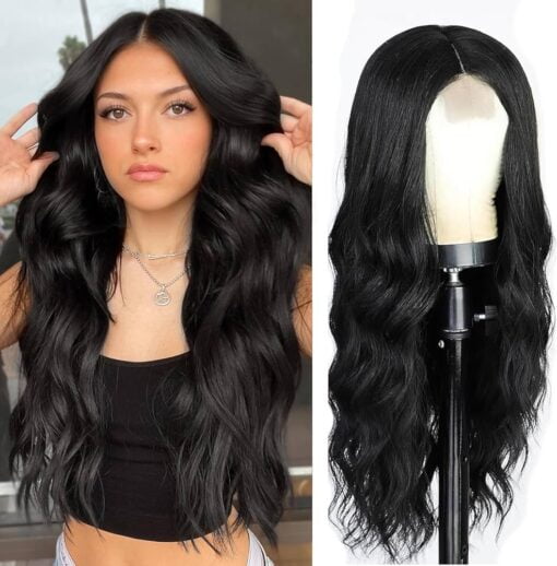 Lativ Black Wigs Long Wavy Wig For Women Women Middle Part Synthetic Hair Natural Looking Heat Resistant Fiber For Women Daily Party Use 24 Inch MI1604138