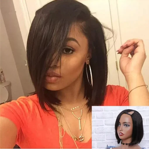 Left Side U Part Wig Short Straight Human Hair Wigs MI1605469