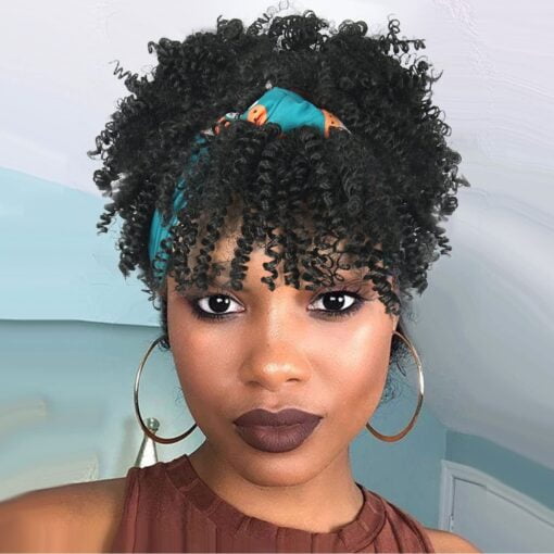 Leosa Afro Curly Headband Wig With Bangs Short Afro Black Headband Wigs For Women Black Women Scarf Wigs Black Wig With Headband Attached Headwrap Wigs MI1606391