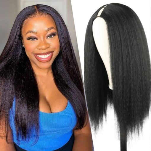 Leosa Kinky Straight V Part Wig For Women Black Women V Part Yaki Straight Wig Synthetic Hair Upgrade U Part Hair Wig Black Half Wigs U/V Part Wig 20 Inch MI1604410