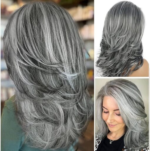 Leosa Ombre Layered Gray Wigs For Women Women Long Silver Wig Shoulder Length Gray Hair Wigs Synthetic Highlight Wavy Grey Wig Real Hair For Women Women Gray MI1611121