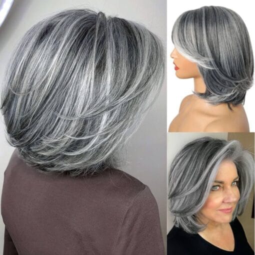 Leosa Short Grey Wig With Curtain Bangs Bob Layered Silver Grey Wigs For Women Women Bob Layered Wigs Pixie Cut Layered Wig Hair Synthetic Hair Wigs With MI1611883