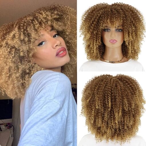 Linghang Blonde Curly Afro Wigs For Women Black Women, Blonde Kinky Curly Wig With Bangs, Synthetic Heat Resistant Fiber Afro Blonde Curly Wig For Women Daily Use MI1606446