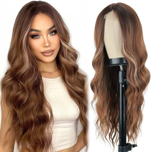 Linghang Long Ombre Brown Wavy Wig For Women Women 26 Inch Middle Part Brown Highlight Wigs Natural Looking Synthetic Heat Resistant Fiber Light Brown Curly MI1610606