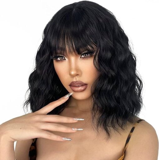 Linghang Short Black Wig With Bangs, Short Black Natural Wavy Wigs For Women Women, Wavy Black Wig With Bangs Synthetic Natural Looking Heat Resistant Fiber MI1605004