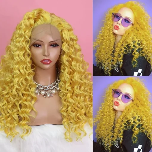 Long Afro Kinky Curly Lace Front Wig Yellow Synthetic Hair MI1604458