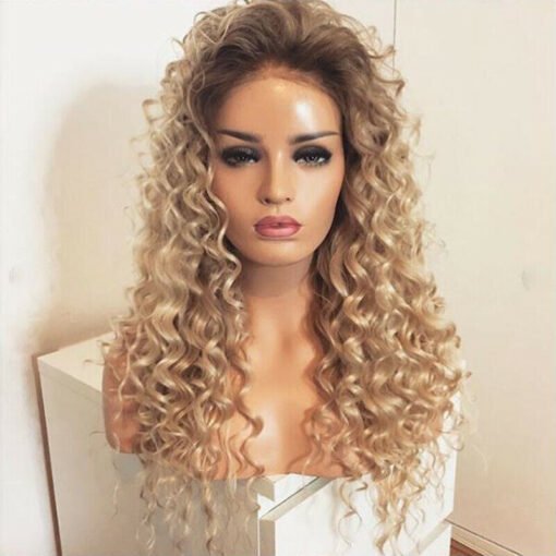 Long Ash Blonde Curly Wig Brown Roots Lace Front Wig Deep Wave Natural Line Us MI1610294