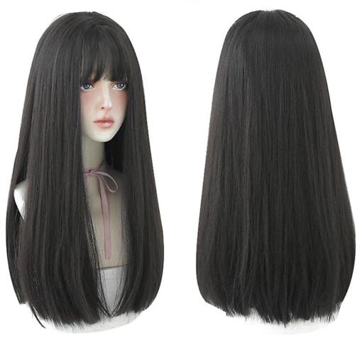 Long Black Straight Hair Wig With Bangs Synthetic High Density Long Hair MI1604011