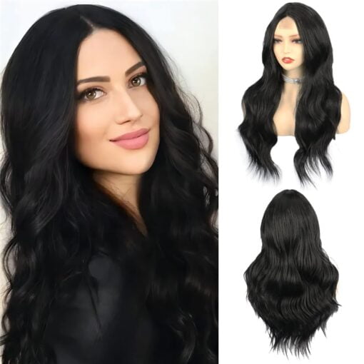 Long Black Wavy Wigs For Women White Women 26 Inches Black Wig With Middle Part Natural Looking Heat Resistant Fiber Synthetic Wig For Women Everyday Party MI1604132