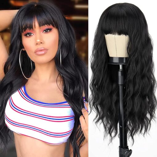 Long Black Wig With Bangs,Synthetic Wavy Bang Black Wigs For Women MI1604143