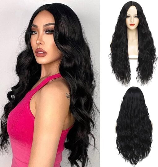 Long Black Wigs For Women Women 30 Inch Long Wavy Wig Middle Part Body Wave Wig Natural Looking Heat Resistant Synthetic Full Curly Hair Wigs For Women Christmas MI1604148