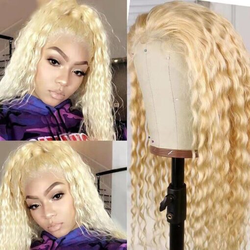 Long Blonde Deep Wave Wig Curly Synthetic Lace Front Blond MI1603700