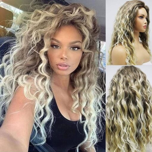 Long Blonde Wavy Wigs For Women White Women Fluffy Soft Loose Curly Ash Blonde Curly Wig Natural Chic Dark Messy Root Synthetic Ombre Long Blonde Wig No MI1603363