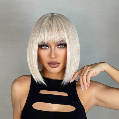 Long Bob Platinum Blonde Wigs With Bangs Synthetic Daily Party Wig Soft Straight MI1610349