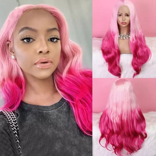 Long Body Wavy Lace Front Wigs Ombre Pink To Rose Two Tone MI1608162