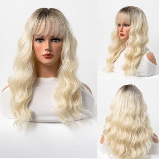 Long Curly Blonde Wavy Wigs With Bangs Natural Looking Heat Resistant Synthetic Hair With Flat Straight Bangs For Women Daily Party Use —25In(126 2)…… MI1607755