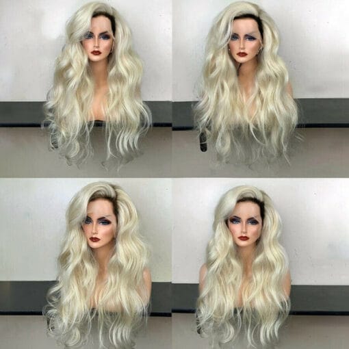 Long Curly Wave Wigs Platinum Blonde Ombre Dark Roots Lace MI1611439